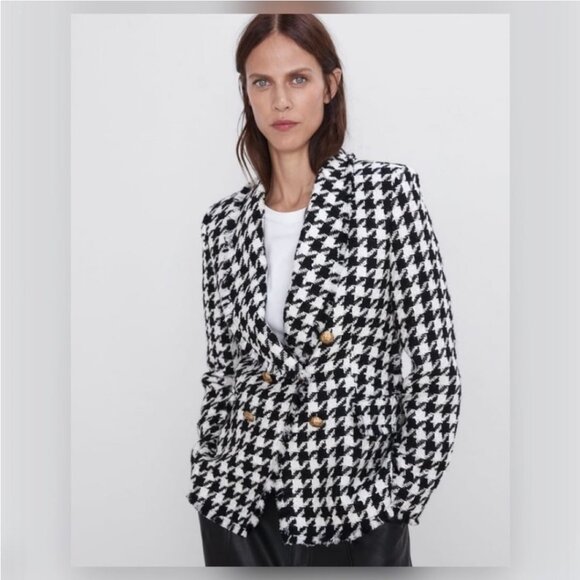 Zara Jackets & Blazers - Zara Black & White Houndstooth Double Breasted Blazer Size XL NWOT